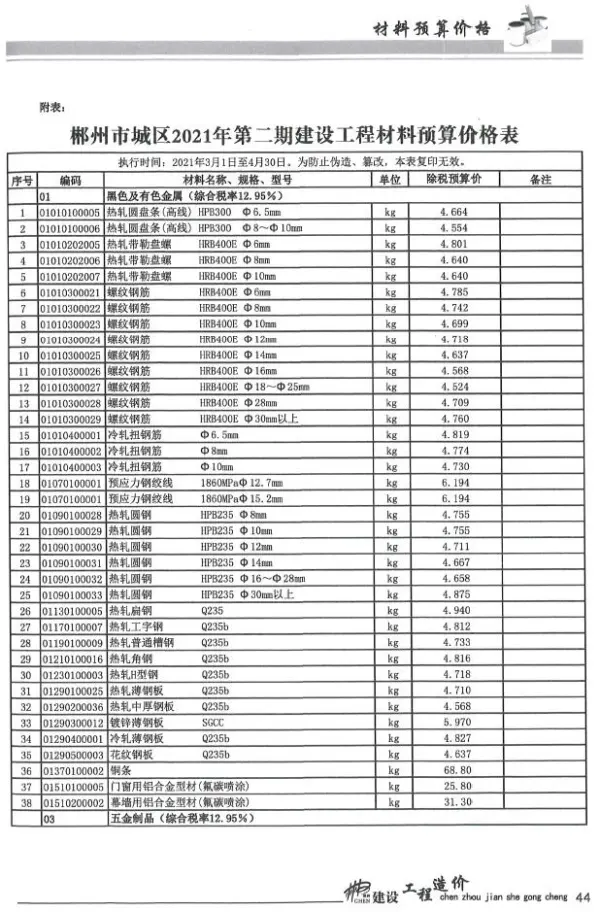 郴州市2021年2期信息价PDF扫描件