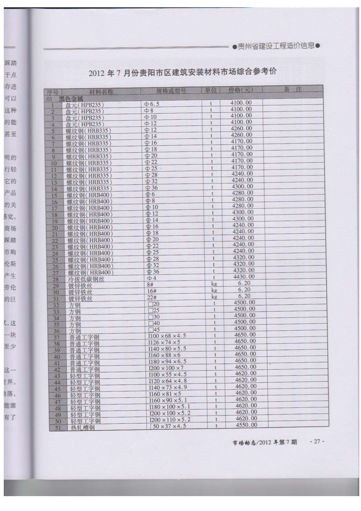 贵州省2012年7月材料信息价