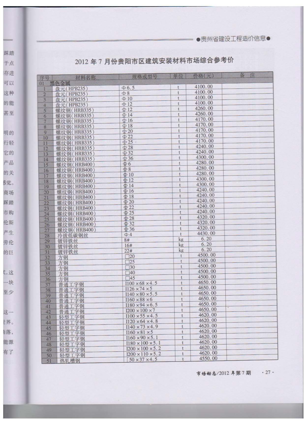 贵州省2012年7月建筑信息价