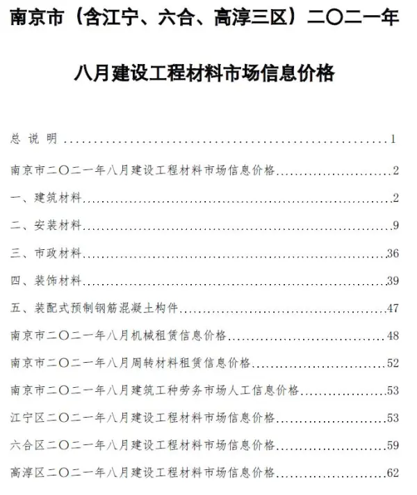 南京市2021年8月信息价PDF扫描件