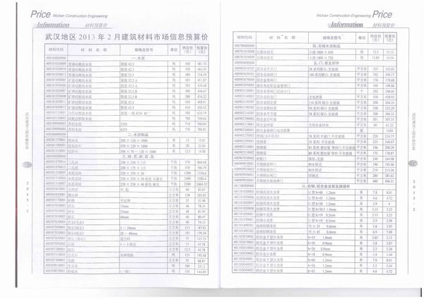 武汉市2013年2月建材计价依据
