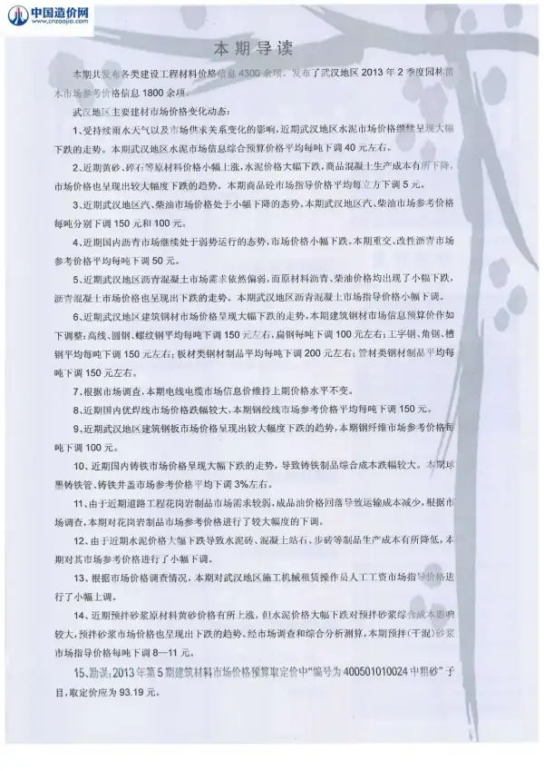 武汉市2013年8月信息价PDF扫描件
