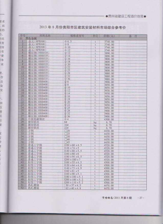 贵州省2013年8月建材计价依据