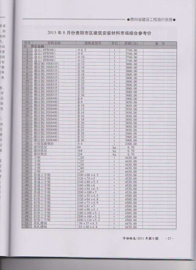 贵州省2013年8月工程定额价